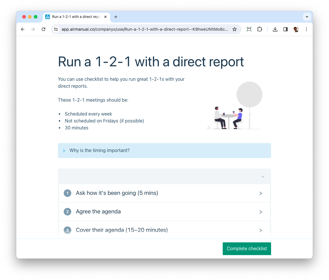 Screenshot of a checklist: Run a 1-2-1 with a direct report