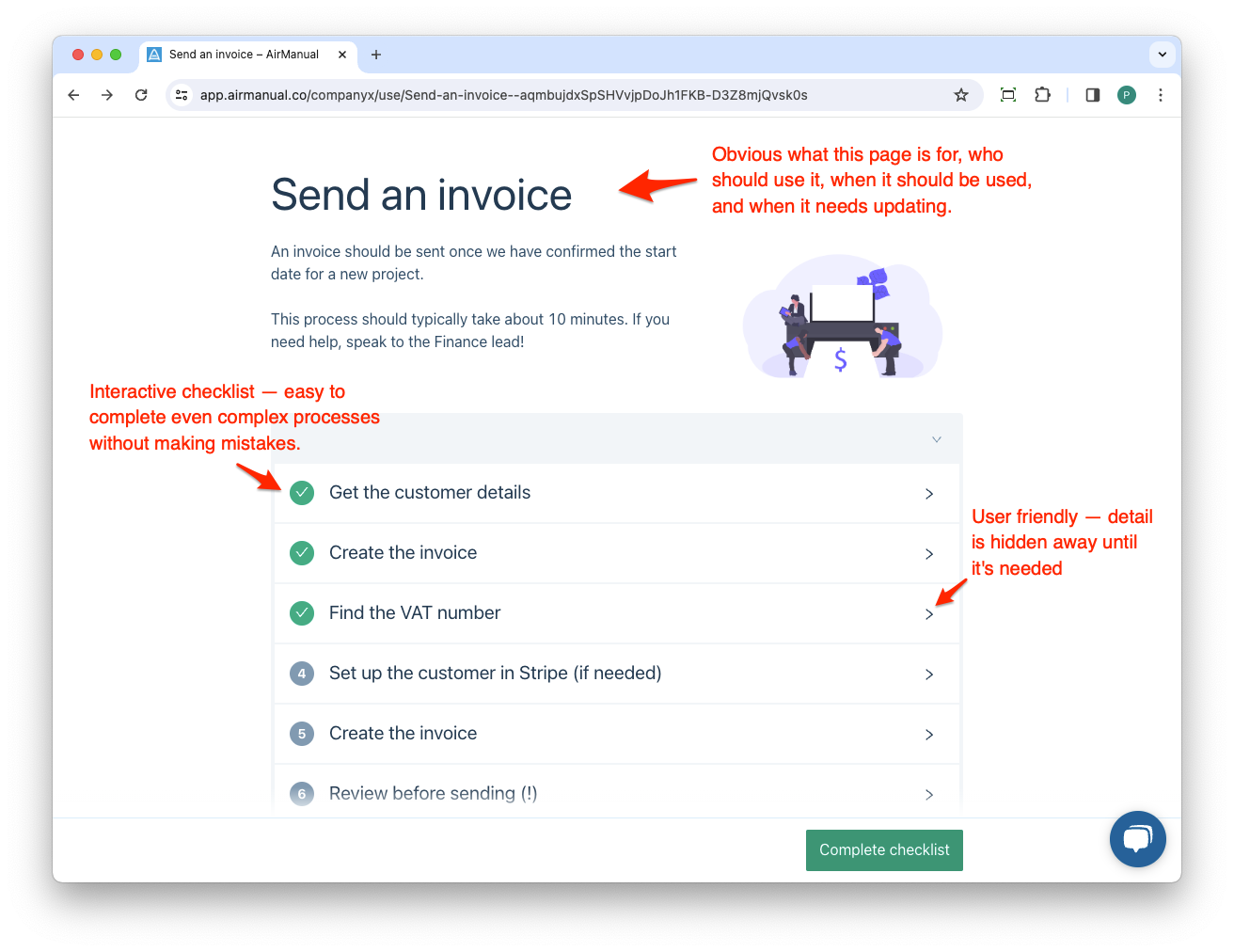 Screenshot of AirManual: A checklist for sending an invoice
