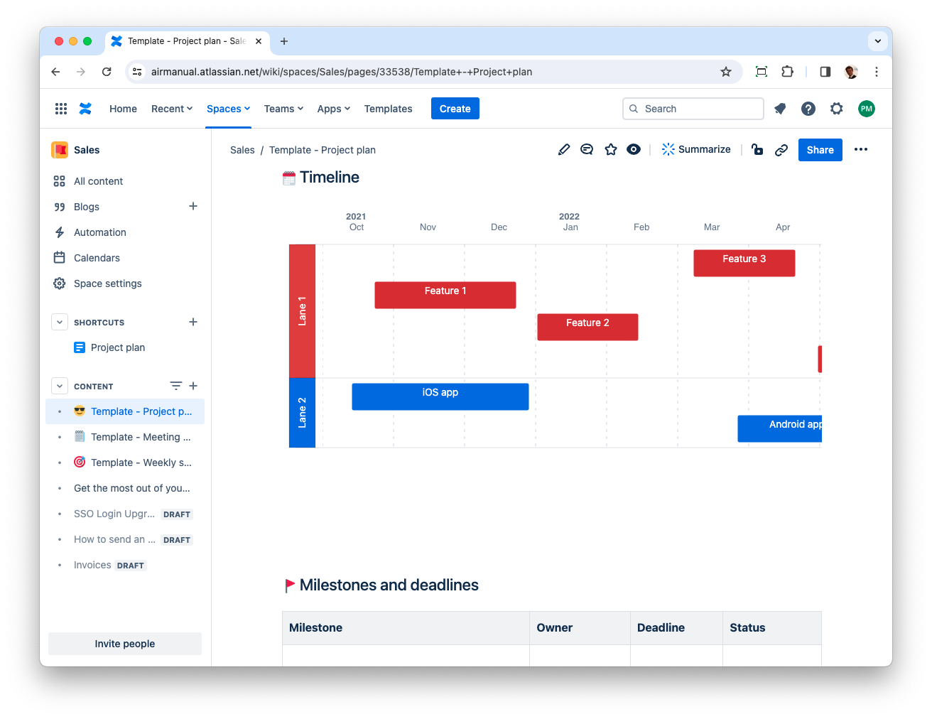Screenshot of Confluence: A project plan