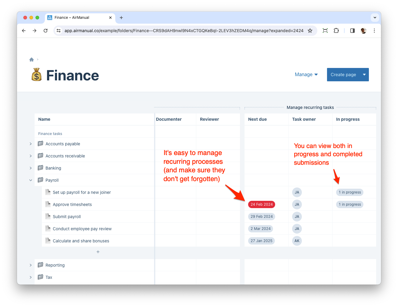 Screenshot of AirManual: A dashboard for managing recurring processes