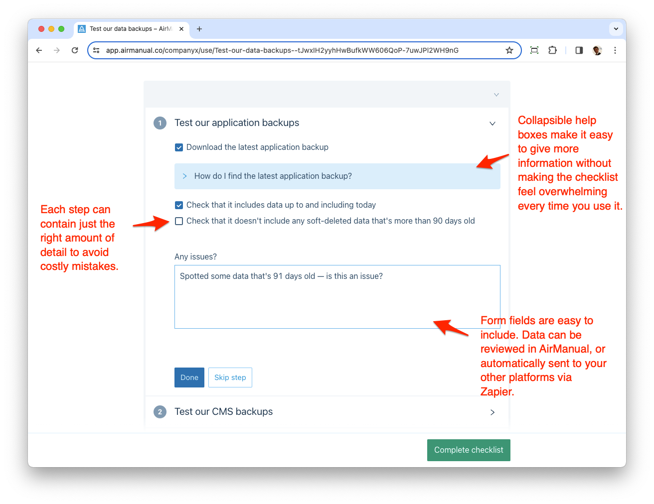 Screenshot of AirManual: Expanding a checklist step which contains help content and form inputs