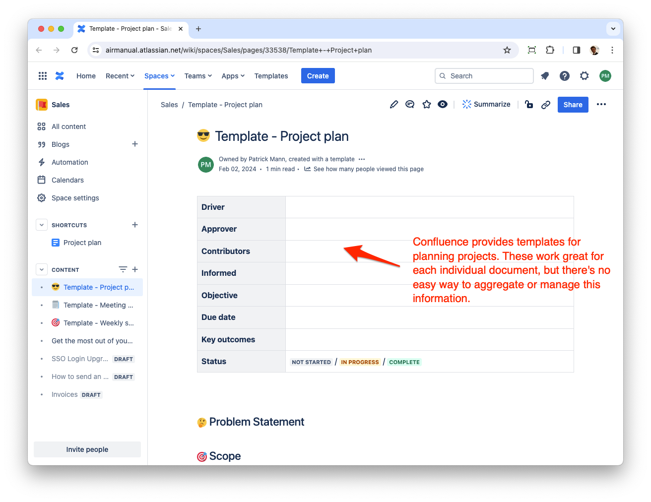 Screenshot of Confluence: A project template