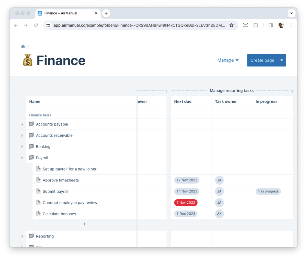 A dashboard for the Finance team to manage their recurring processes