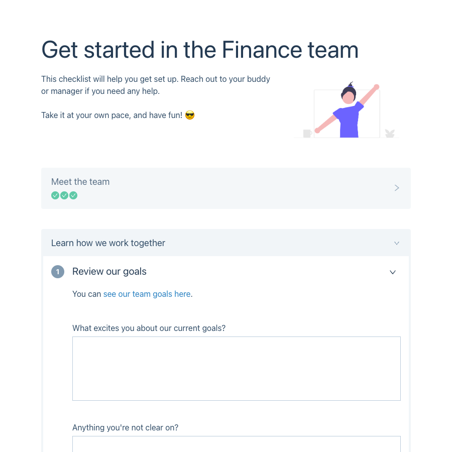 Example onboarding checklist: Get started in the Finance team